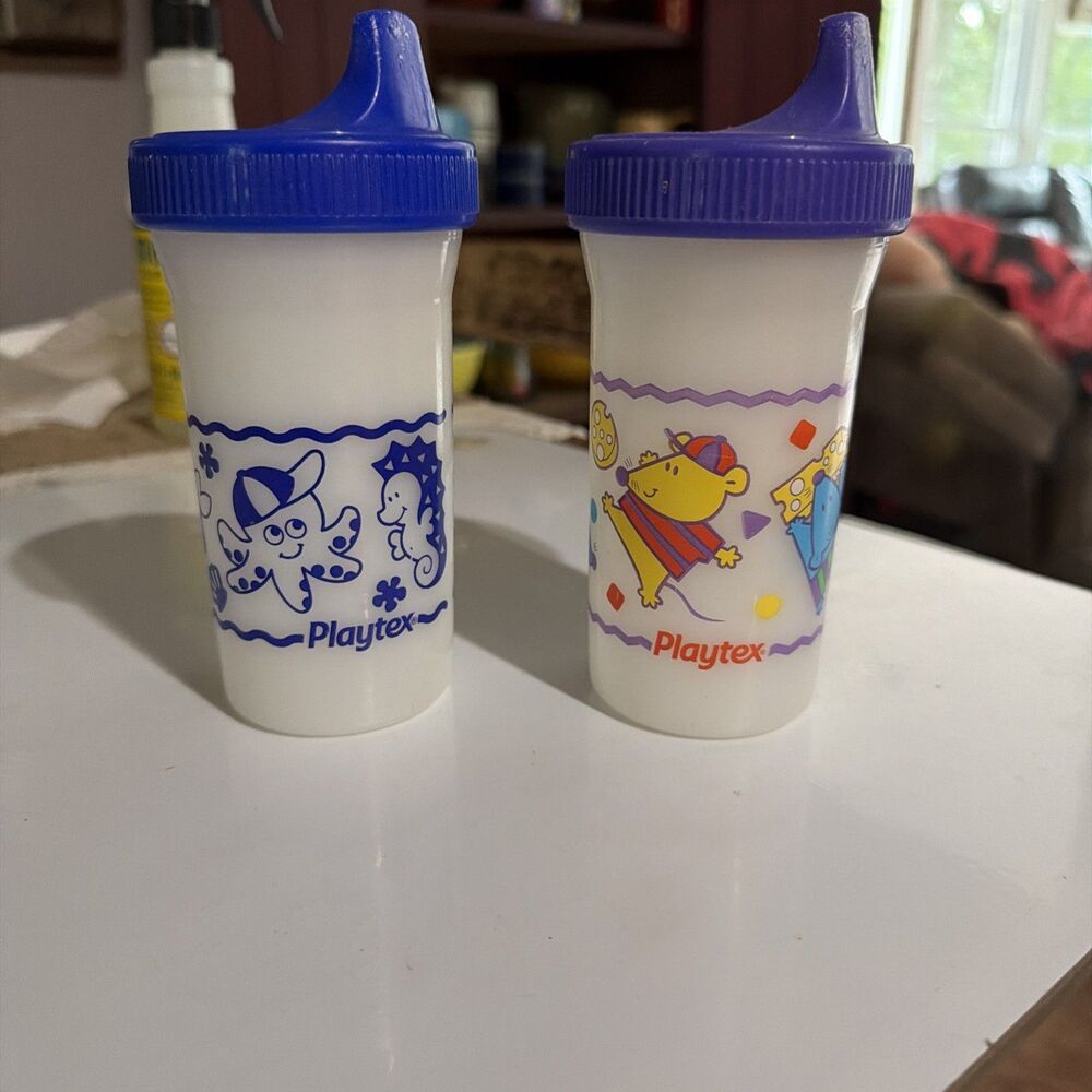 Vintage 1997 Playtex Sippy Cups Purple Lids Cartoon Graphics EUC Lot of 2